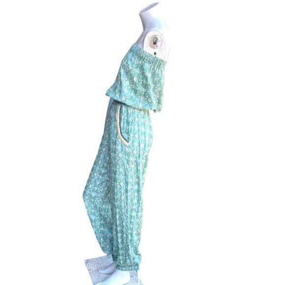 Skemo Turquoise Aqua Bohemian Beachy Beaded Strapless Smocked Blouson Jumpsuit M - Picture 4 of 10